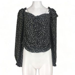 ASTR the Label Crop Blouse Long Sleeve Black White Floral Sheer Tie Front XL